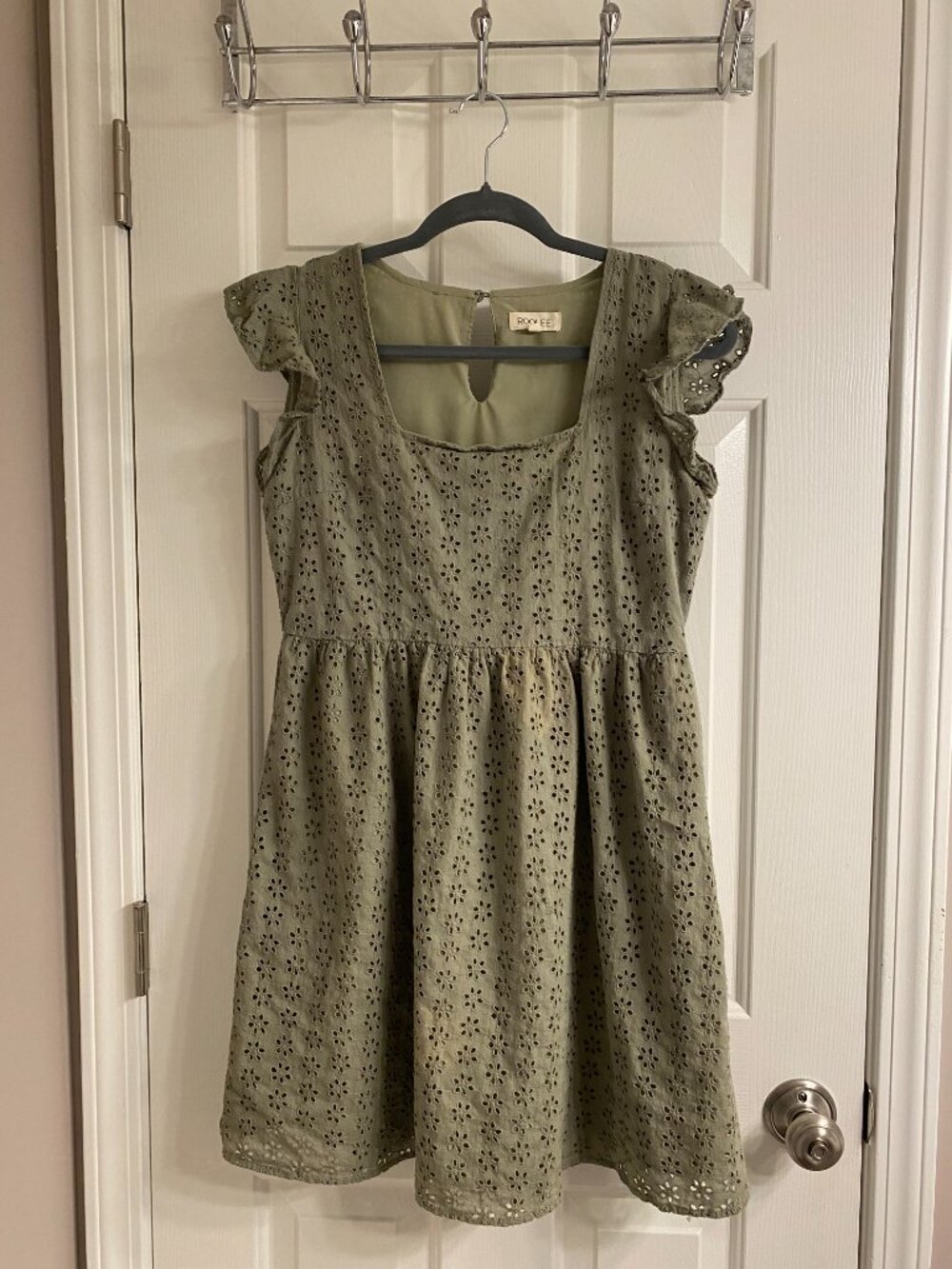 Roolee Sage Green Eyelet Flutter Sleeve Dress Size S